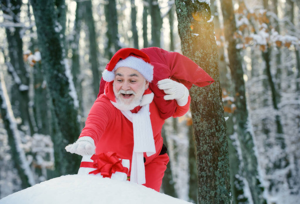 Noel Baba kış ormanına bir çanta dolusu hediyeyle ve kar manzarasıyla yürüyor. Mutlu yıllar. - Fotoğraf, Görsel