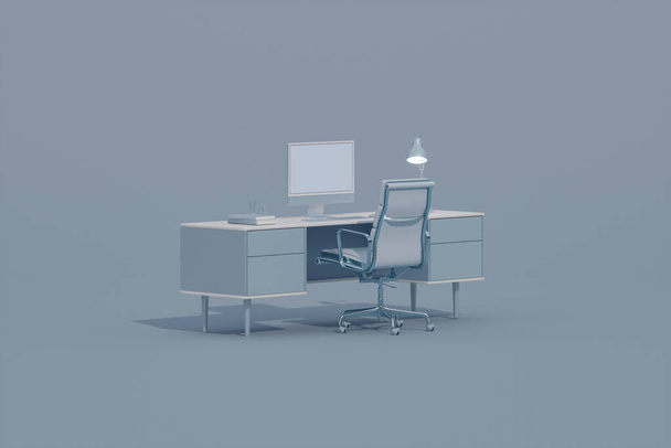 Pastel blue monochrome minimal office table desk. Minimal idea concept for study desk and workspace. Mockup template, 3d rendering - Photo, Image