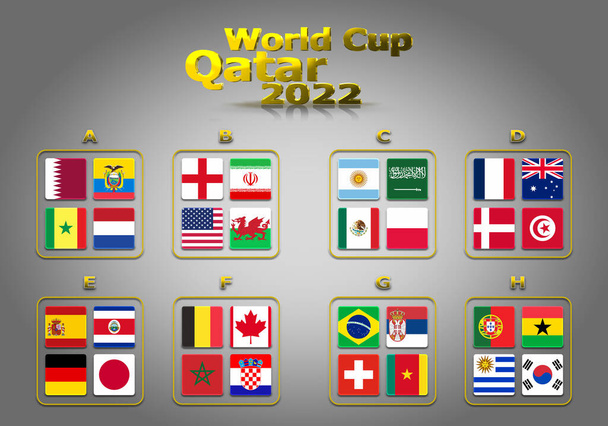 3d illustration groups of World Cup Qatar 2022 championship. All 32 qualifying countries. - Valokuva, kuva
