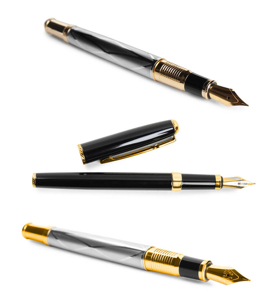 Set with different beautiful fountain pens on white background - Foto, Imagen