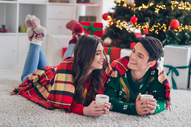 Photo of two chilling positive young wear comfortable warm outfits drink hot home cacao under nice plaid near big adornment christmas tree indoors. - Fotó, kép