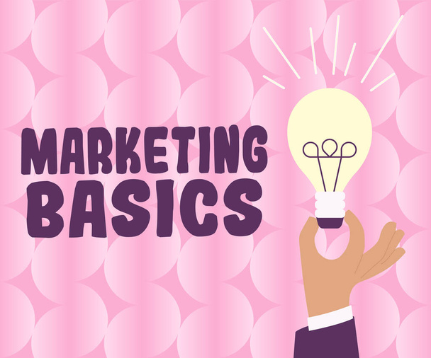 Handgeschriebenes Zeichen Marketing Basics, Geschäftsaktivitäten, die ein Unternehmen ergreift, um Produkte zu fördern und zu verkaufen - Foto, Bild