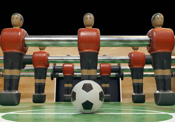 One side of a vintage foosball or table football table with worn metal figures styled in kit resembling the Belgium national team - 3D render - Photo, Image