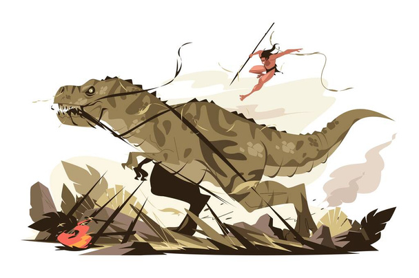 Warrior fighting with dinosaur vector illustration. Fighter with spear attaching tyrannosaurus flat concept. Prehistoric world of dinosaurs - Vector, Image