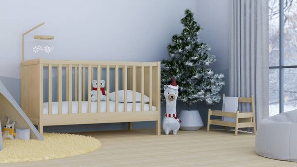 Удобный и минимальный дизайн интерьера детской спальни с деревянной детской кроваткой, игрушками, елкой, палаткой для игры в котелок, детской синей стеной и декором. 3D рендеринг, 3D иллюстрация - Фото, изображение