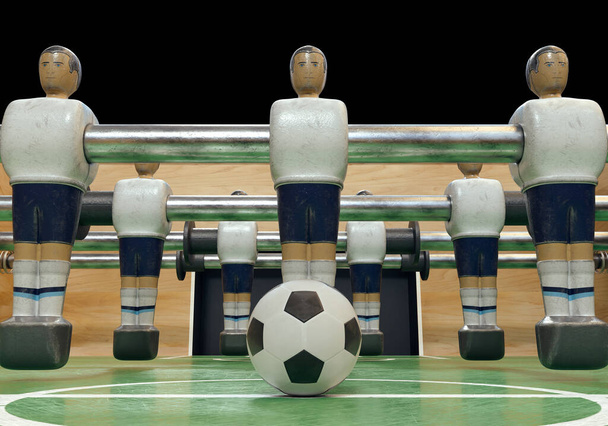 Jedna strona zabytkowego piłkarzyka lub stołu piłkarskiego ze zużytymi metalowymi figurami w zestawie przypominającym reprezentację Anglii - renderowanie 3D - Zdjęcie, obraz