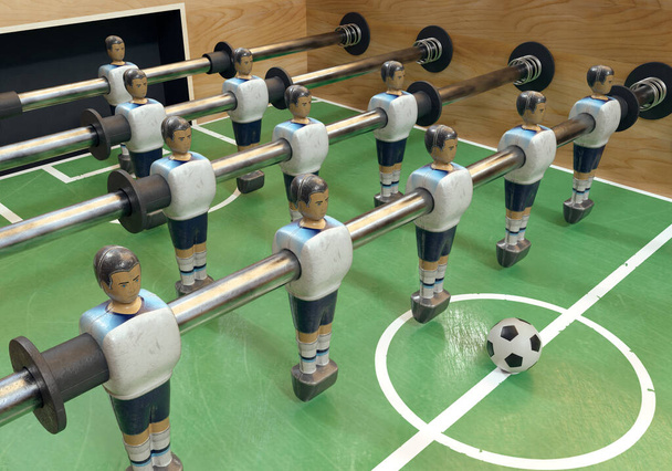 Eine Seite eines Vintage-Kickers oder Tischkickers mit abgenutzten Metallfiguren, die im Bausatz an die englische Nationalmannschaft erinnern - 3D-Render - Foto, Bild