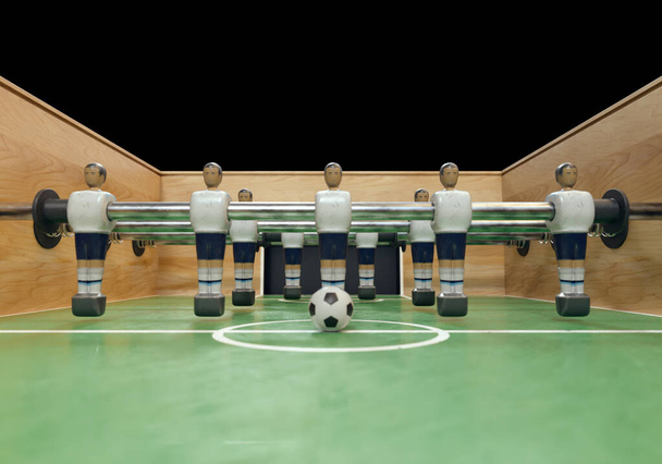 Jedna strona zabytkowego piłkarzyka lub stołu piłkarskiego ze zużytymi metalowymi figurami w zestawie przypominającym reprezentację Anglii - renderowanie 3D - Zdjęcie, obraz