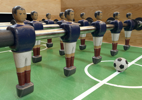 One side of a vintage foosball or table football table with worn metal figures styled in kit resembling the France national team - 3D render - Photo, Image