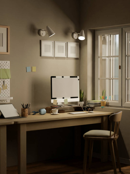 Modern contemporary home workspace with PC computer, tablet, stationery and accessories on wood table, frames and wall lights on grey wall. 3d render, 3d illustration - Photo, Image