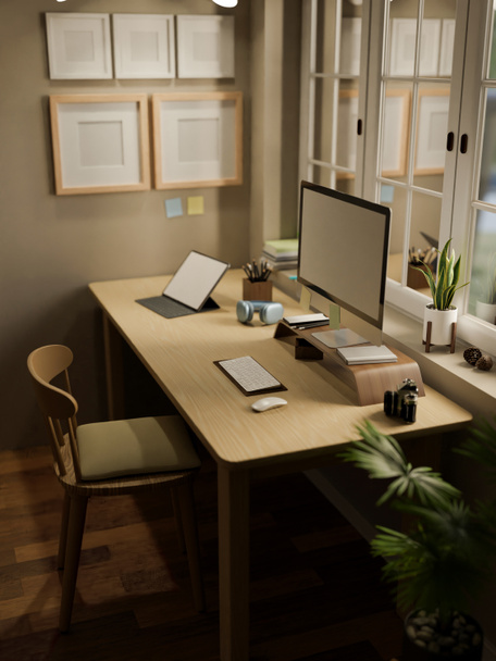 Acogedor escandinavo casa oficina diseño interior con PC maqueta de ordenador, tableta, auriculares, cámara y accesorios en la mesa de madera contra la ventana, silla de madera acogedora. 3d render, ilustración 3d - Foto, imagen