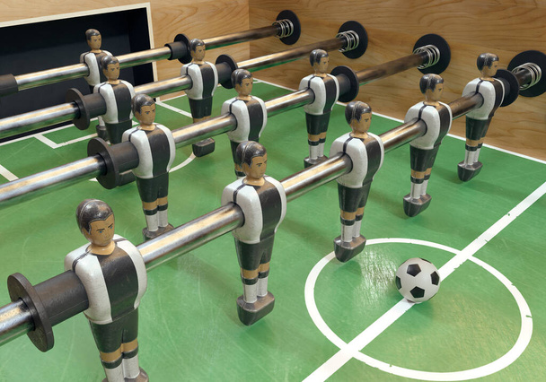 One side of a vintage foosball or table football table with worn metal figures styled in kit resembling the Germany national team - 3D render - Photo, Image