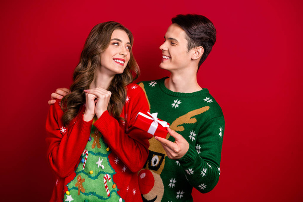 Photo of positive cute couple wife husband sharing gifts enjoying miracle fairy time favorite season isolated on red color background. - Φωτογραφία, εικόνα