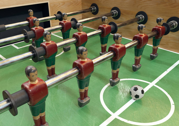 Um lado de uma mesa vintage de matraquilhos ou de futebol de mesa com figuras de metal desgastado decoradas em kit semelhante à seleção nacional de Portugal - 3D render - Foto, Imagem