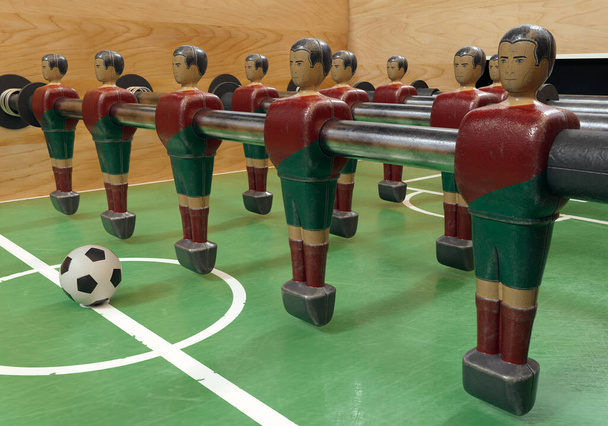 Un côté d'un baby-foot vintage ou d'une table de baby-foot avec des figurines en métal usé stylisées en kit ressemblant à l'équipe nationale portugaise - rendu 3D - Photo, image