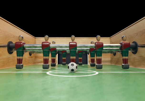 ポルトガル代表に似たキットに身に着けているメタルフィギュアのヴィンテージサッカーテーブルまたはテーブルサッカーテーブルの片側- 3Dレンダリング - 写真・画像