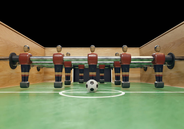 One side of a vintage foosball or table football table with worn metal figures styled in kit resembling the Spain national team - 3D render - Photo, Image