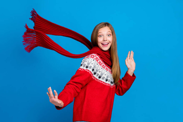 Portrait of positive glad pretty lovely lady wear comfort red outfit walking street park enjoying weather isolated on blue color background. - 写真・画像