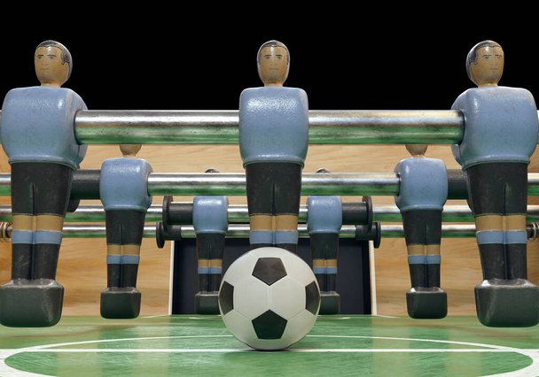 One side of a vintage foosball or table football table with worn metal figures styled in kit resembling the Uruguay national team - 3D render - Photo, Image