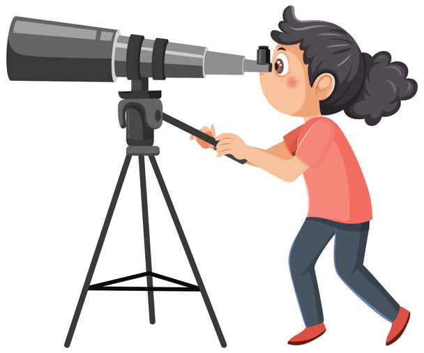 Ένα κορίτσι που κοιτάζει μέσα από την απεικόνιση τηλεσκοπίων - Διάνυσμα, εικόνα