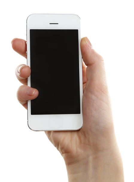 Mano que sostiene el teléfono inteligente móvil aislado en blanco
 - Foto, Imagen