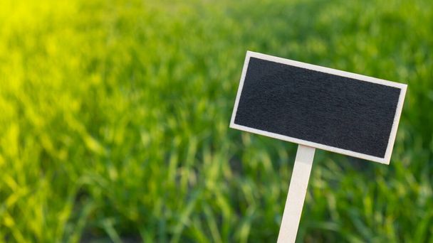 Blank Black billboard against green field landscape Empty mockup template Blackboard label at farm land. Copy space banner for your text. Agricultural landscape Summer landscape with hilly field - Photo, Image