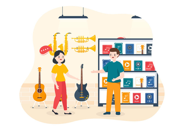 Music Store with Various Musical Instruments, CD, Cassette Tapes and Audio Recordings in Flat Style Cartoon Hand Drawn Template Illustration - Vector, Image