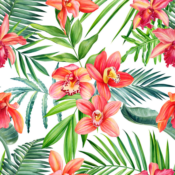 Modello Tropicale senza cuciture. Fiori dei Orchids. Foglie di palma, piante esotiche. Illustrazione botanica della giungla. Illustrazione di alta qualità - Foto, immagini