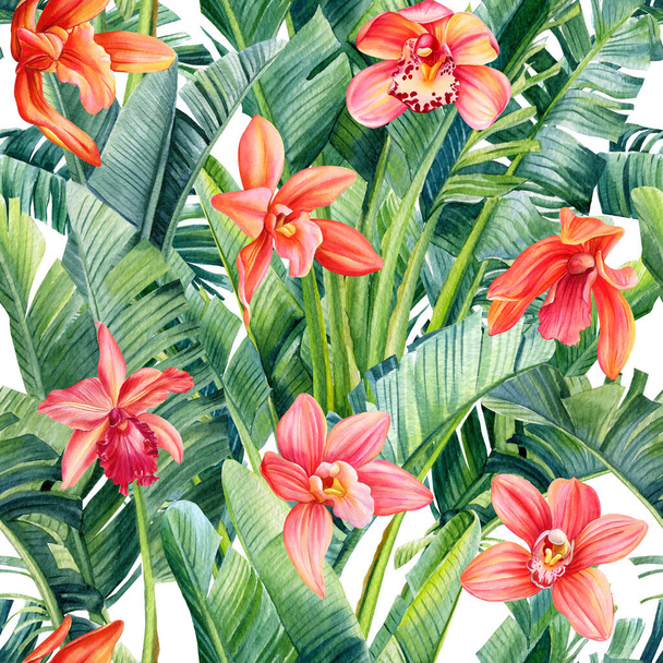 Seamless pattern. Orchids Flower. Palm tropical exotic leaves, natural branch plants. jungle design. Botanical drawing. High quality illustration - Photo, Image