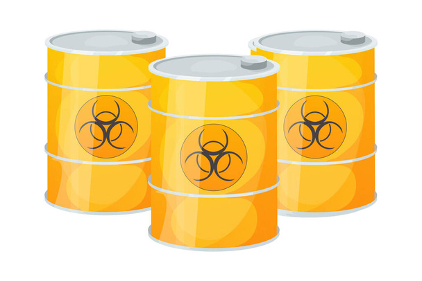 Set Metal amarillo barril tóxico, señal peligrosa en estilo de dibujos animados aislado sobre fondo blanco. Radioactivo, inflamable. Ilustración vectorial - Vector, imagen