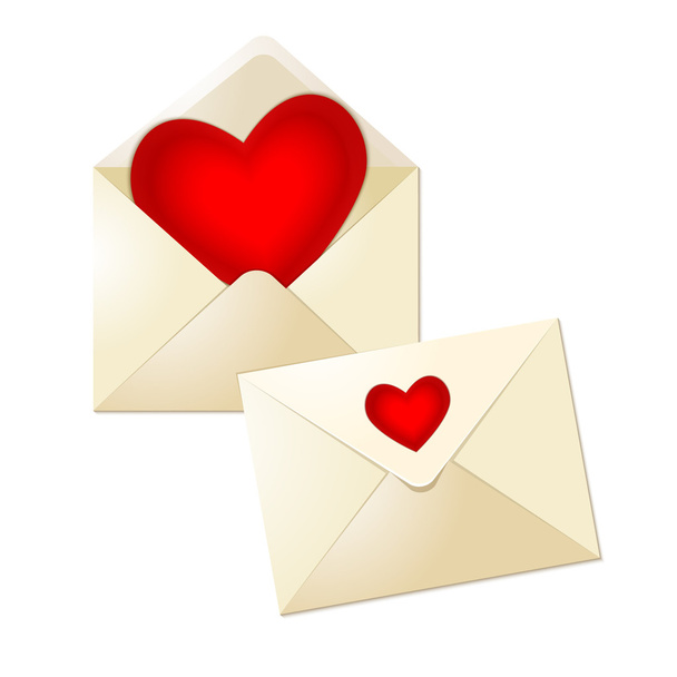 Open and close envelopes with glass red hearts for valentine day on white background - Vector, Image