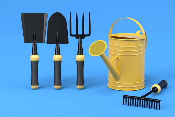 Watering can with garden tools like shovel, rake and fork on blue background. 3d render concept of horticulture and farming supplies - Zdjęcie, obraz