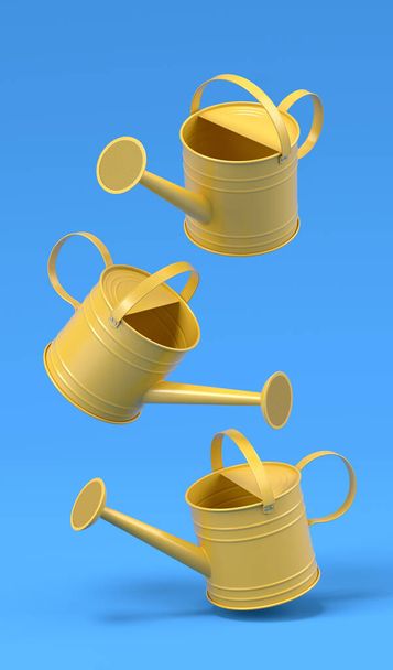 Set of watering cans on a blue background. 3d render concept of gardening equipment tools for farm and harvesting - Fotó, kép