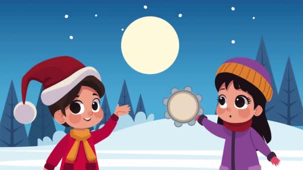 niños pequeños pareja vistiendo ropa de invierno, 4k video animado - Metraje, vídeo
