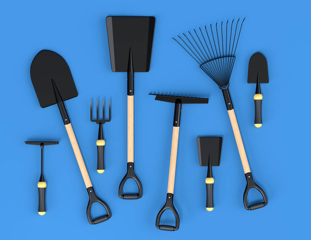 Garden shovel, pitchfork and rake on blue background. 3d render of garden tool and equipment for farm, summer camping - Foto, afbeelding