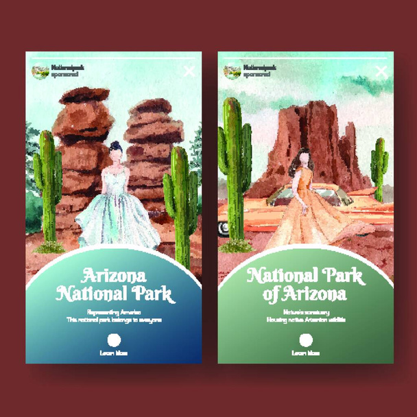 "Instagram template with national parks of the United States concept,watercolor style" - Vector, Imagen