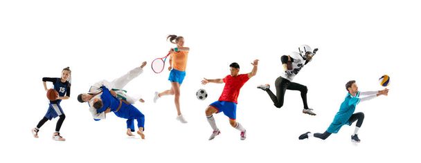 Κολάζ. Διαφορετικοί άνθρωποι, αθλητές σε δράση, παίζουν, εκπαιδεύονται απομονωμένοι σε λευκό φόντο. Μπάσκετ, ποδόσφαιρο, τένις, καράτε, βόλεϊ. Έννοια της δράσης, της κίνησης, της αθλητικής ζωής και των κινήτρων - Φωτογραφία, εικόνα
