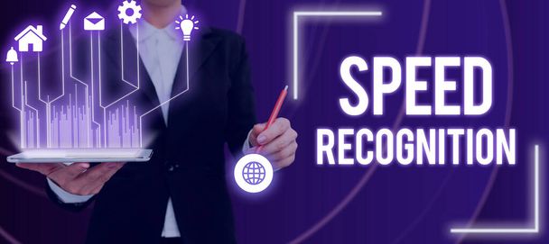 Podpis tekstowy przedstawiający Speed Recognition, Business showcase interdyscyplinarny podobszar lingwistyki obliczeniowej - Zdjęcie, obraz