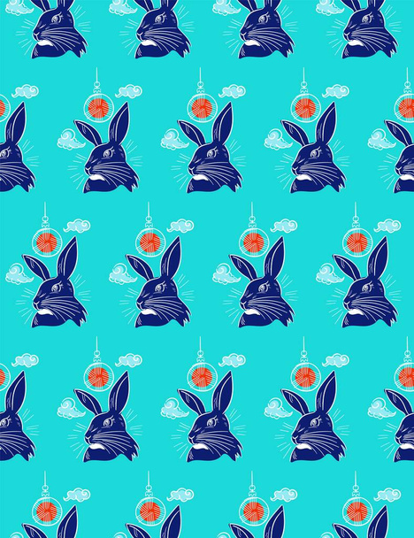 Бесшовный узор с черным синим кроликом, символ Нового года по китайскому календарю - Вектор,изображение