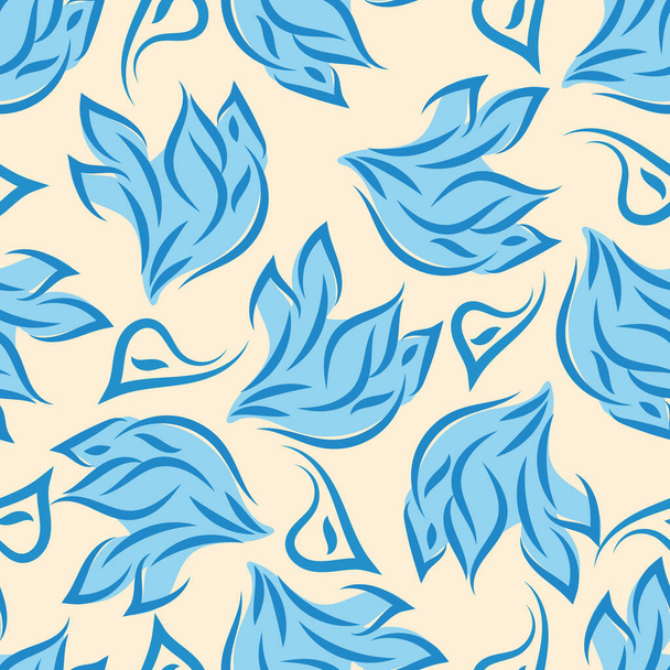Loose swirling leaf seamless vector pattern background. Blue off white botanical foliage hand drawn line art scattered leaves. Duotone backdrop.Tossed multidirection design for packaging, summer. - Vektör, Görsel