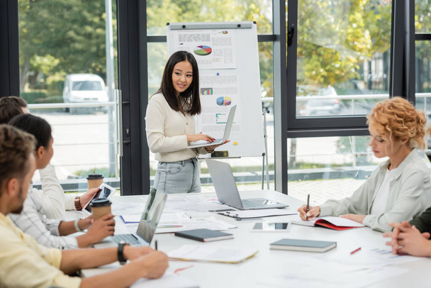 young asian businesswoman standing with laptop near flip chart with graphs and interracial colleagues - Foto, Bild