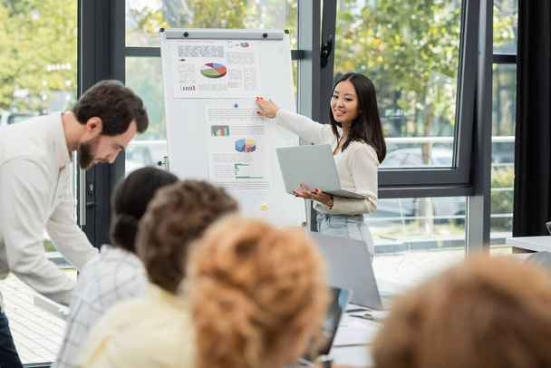 happy asian woman with laptop pointing at flip chart with graphs near blurred colleagues in meeting room - Foto, Bild