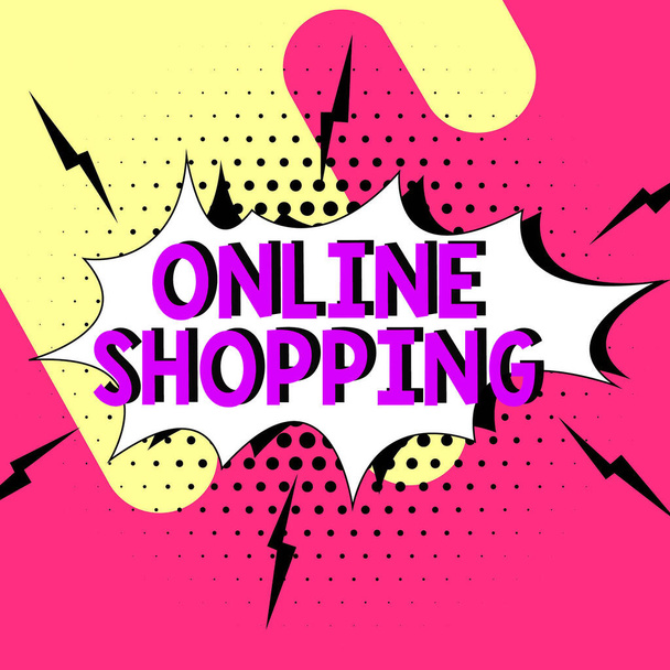 Textzeichen für Online-Shopping, Begriff für E-Commerce, der es dem Verbraucher ermöglicht, Waren über das Internet zu kaufen - Foto, Bild