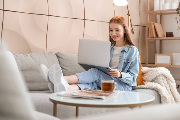 Mulher bonita usando laptop no sofá cinza em casa - Foto, Imagem