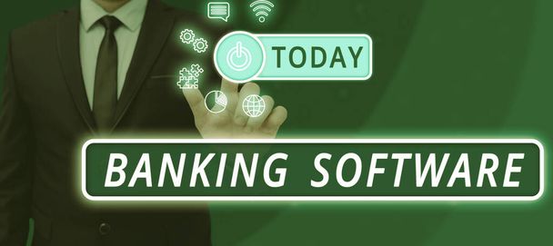 Conceptual caption Banking Software, Internet Concept típicamente se refiere al software de la banca principal y las interfaces - Foto, Imagen