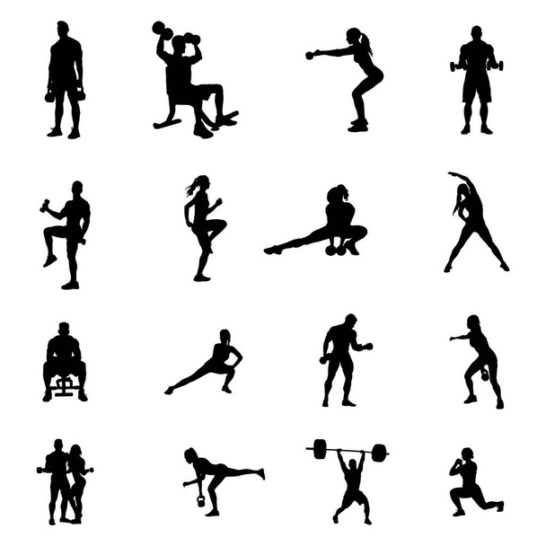 Силуэты фитнес-зала, силуэты фитнес-упражнений - Вектор,изображение