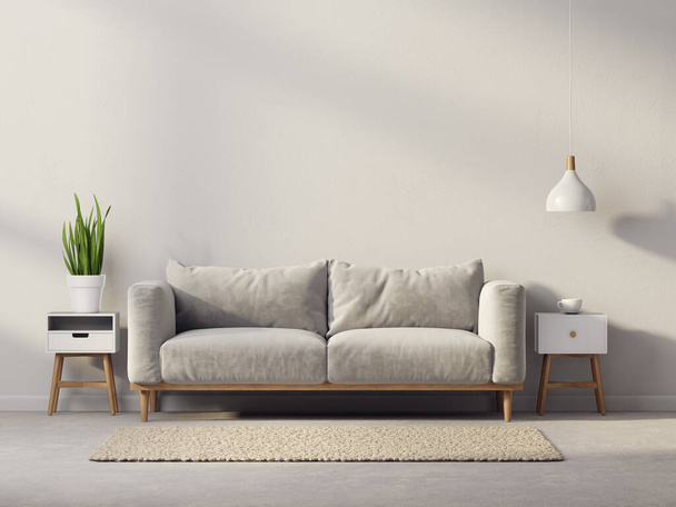 modern living room with sofa. 3d illustration. Scandinavian interior - Zdjęcie, obraz