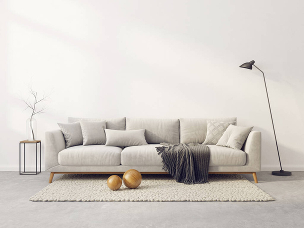 nowoczesny salon z sofą. Ilustracja 3D. Wnętrze Skandynawii - Zdjęcie, obraz