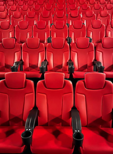 シネマとエンターテイメント、テレビ番組ストリーミングサービスと映画産業生産のブランディングのための空の赤い映画館の座席 - 写真・画像