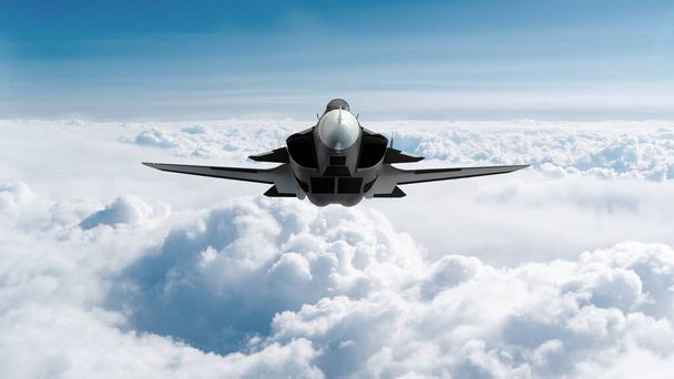 3d render a fighter plane flies into the frame, you can see the wingspan, cumulus clouds, the Ukraine-Russia war - Photo, Image